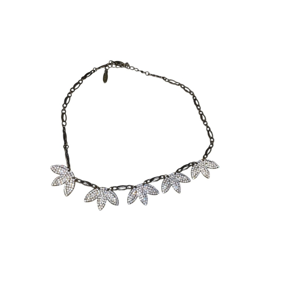Lulu Frost Rhinestone Leaf Statement Necklace Silver Tone Crystal Floral Cluster